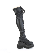Load image into Gallery viewer, 4 1/2” Wedge Platform Lace-Up Stretch Thigh-High Boots with Full-Length Outer Metal Zip