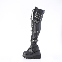 Load image into Gallery viewer, Platform Stretch Thigh-High Boots with Quad Skull Buckle Straps & Inner Zip