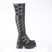 Load image into Gallery viewer, Chunky Heel Square-Toe Over-The-Knee Boots, Shield Detail, Front Zip & Chain Accents