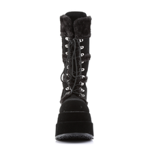 Load image into Gallery viewer, Black Vegan Suede Faux Fur Trim Platform Mid-Calf Boot with Lace-Up Front