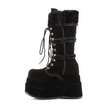 Load image into Gallery viewer, Black Vegan Suede Faux Fur Trim Platform Mid-Calf Boot with Lace-Up Front