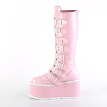 Load image into Gallery viewer, Platform Knee-High Boots with 8 Buckle Straps, Metal Plate Details, and Back Metal Zip Closure