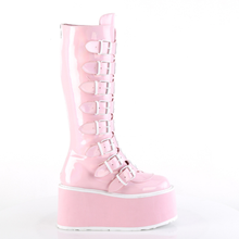 Load image into Gallery viewer, Platform Knee-High Boots with 8 Buckle Straps, Metal Plate Details, and Back Metal Zip Closure