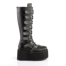 Load image into Gallery viewer, Platform Knee-High Boots with 8 Buckle Straps, Metal Plate Details, and Back Metal Zip Closure