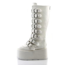Load image into Gallery viewer, Platform Knee-High Boots with 8 Buckle Straps, Metal Plate Details, and Back Metal Zip Closure