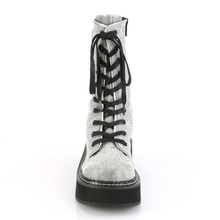 Load image into Gallery viewer, 2" Platform Mid-Calf Lace-Up Boots with Rhinestone Covered Upper, Zip Closure Pocket, and Inner Side Metal Zip