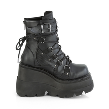 Load image into Gallery viewer, 4.5" (114mm) Wedge Platform Lace-Up Ankle Boots with Dual Buckles, Studded Panels & Metal Hardware Details