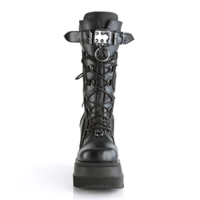 Load image into Gallery viewer, 4.5" Wedge Platform Lace-Up Mid-Calf Boots with Curvy Contrast Panels, Horseshoe Ring & Metal Hardware Details