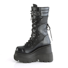 Load image into Gallery viewer, 4.5" Wedge Platform Lace-Up Mid-Calf Boots with Curvy Contrast Panels, Horseshoe Ring & Metal Hardware Details