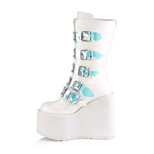 Load image into Gallery viewer, Platform Mid-Calf Boots with Heart Metal Plate Buckle Straps and Back Zip Closure
