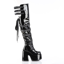 Load image into Gallery viewer, Black Patent 5 Inch Chunky Heel Boots with Ribbon Lace-Up & Harness Strap