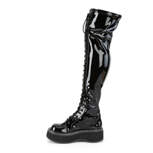 Load image into Gallery viewer, Platform Stretch Thigh-High Lace-Up Boots with Outer Metal Zip Closure
