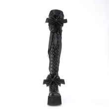 Load image into Gallery viewer, 4 1/2” Wedge Platform D-Ring Lace-Up Thigh-High Boots with Adjustable Straps & Removable Oversized Bows
