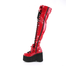 Load image into Gallery viewer, 4 1/2” Wedge Platform D-Ring Lace-Up Thigh-High Boots with Adjustable Straps & Removable Oversized Bows