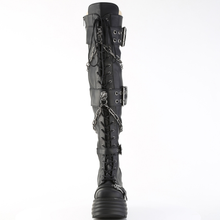 Load image into Gallery viewer, Lace-Up Thigh-High Boots Skull Buckle Straps, Chain Detail, Reflective Coffin Back