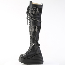 Load image into Gallery viewer, Lace-Up Thigh-High Boots Skull Buckle Straps, Chain Detail, Reflective Coffin Back