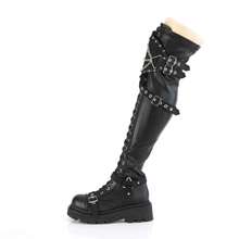 Load image into Gallery viewer, Tiered Platform Stretch Over-The-Knee Boots, Shield Strap, Chain & Stud Details