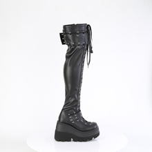 Load image into Gallery viewer, Open-Front Lace-Up Stretch Thigh-High Boots with Hook-and-Loop Straps & Inner Zip