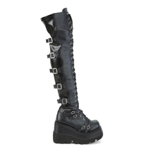 Load image into Gallery viewer, Over-The-Knee Boots with Front Buckle Straps, Back Stretch Lace Panel & Side Zip