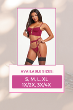 Load image into Gallery viewer, Three Piece Bustier, Garter Belt, and Thong Set - Seductive Rhinestone Embellished Lingerie for Intimate Occasions