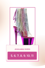 Load image into Gallery viewer, Stiletto Heel Ankle Boot with Chrome Platform and Rhinestone Fringe