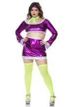 Load image into Gallery viewer, Groovy Detective Costume Set – Flare Sleeve Crop Top, Mini Skirt, Headband & Scarf