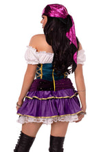 Load image into Gallery viewer, Tarot Card Temptress Costume for Women – 2 PC Fortune Teller Outfit with Tiered Skirt Dress, Sequin Sash & Metallic Head Scarf