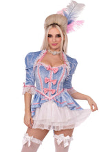 Load image into Gallery viewer, Marie Antoinette Costume for Women – 2 PC Velvet Brocade Halter Dress with Ruffle Trim, Bow Accents & Matching Shrug