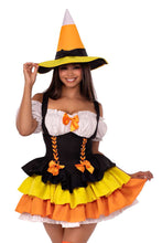Load image into Gallery viewer, Candy Corn Witch Costume for Women – 2 PC Halloween Dress with Tiered Skirt, Lace-Up Waist & Matching Witch Hat
