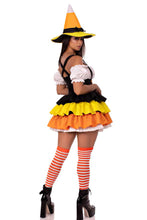 Load image into Gallery viewer, Candy Corn Witch Costume for Women – 2 PC Halloween Dress with Tiered Skirt, Lace-Up Waist & Matching Witch Hat