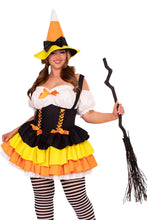 Load image into Gallery viewer, Candy Corn Witch Costume for Women – 2 PC Halloween Dress with Tiered Skirt, Lace-Up Waist & Matching Witch Hat