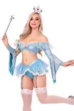 Load image into Gallery viewer, Cosmic Queen Costume for Women – 3 PC Shimmer Bra Top with Gauntlet Sleeves, Garter Panty with Iridescent Skirt & Crown Headband