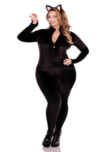 Load image into Gallery viewer, Pretty Kitty Costume for Women – 2 PC Velvet Plush Catsuit with Bell Zipper Pull, Wired Tail & Cat Ear Headband