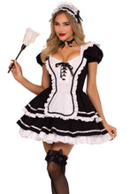 Load image into Gallery viewer, Maid to Flirt Costume for Women – 4 PC Ruffle Dress with Lace-Up Bodice, Back Bow, Cameo Choker & Headband