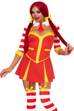 Load image into Gallery viewer, Ketchup Clown Costume for Women – 3 PC Garter Dress with Attached Thigh Highs, Collared Shrug & Hair Bows