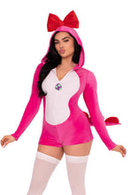 Load image into Gallery viewer, Comfy Dino Cutie Costume for Women – 1 PC Ultra-Soft Velvet Plush Romper with Bow Hood, Egg Zipper Pull, Scalloped Spine & Stuffed Tail