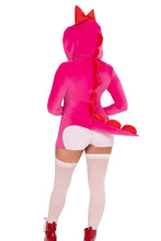 Load image into Gallery viewer, Comfy Dino Cutie Costume for Women – 1 PC Ultra-Soft Velvet Plush Romper with Bow Hood, Egg Zipper Pull, Scalloped Spine & Stuffed Tail