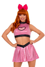 Load image into Gallery viewer, Super Cutie Costume for Women – 3 PC Shimmer Crop Top with Mesh Heart Panel, V-Front Skirt & Bow Headband