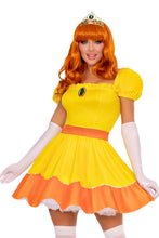Load image into Gallery viewer, Sunflower Princess Costume for Women – 4 PC Sequin-Trimmed Dress with Pin-On Brooch, Gloves & Crown