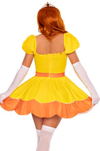 Load image into Gallery viewer, Sunflower Princess Costume for Women – 4 PC Sequin-Trimmed Dress with Pin-On Brooch, Gloves & Crown