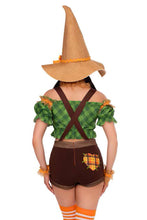 Load image into Gallery viewer, Scarecrow Sweetie Costume for Women – 5 PC Set with Top, Suspender Shorts, Patch Accents, Wrist Cuffs & Hat