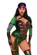 Load image into Gallery viewer, Renegade Ninja Hero Costume for Women – 12 PC Bodysuit with Padded Abs, Sash, Thigh Highs, Headbands, Arm Bands & Shell Backpack