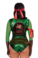 Load image into Gallery viewer, Renegade Ninja Hero Costume for Women – 12 PC Bodysuit with Padded Abs, Sash, Thigh Highs, Headbands, Arm Bands & Shell Backpack