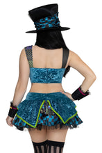 Load image into Gallery viewer, Darling Mad Hatter Costume for Women, 5-Piece Wonderland Halloween Costume with Patchwork Crop Top, Layered Mini Skirt, Bow Tie, Cuffs & Hat
