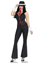 Load image into Gallery viewer, Mob Boss Babe Costume for Women, 3-Piece Gangster Halloween Costume with Pinstripe Jumpsuit, Dollar Sign Tie & Wrist Cuffs