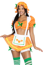 Load image into Gallery viewer, Blossom Babe Costume for Women, 3-Piece Orange Fruit Halloween Costume with Polka Dot Crop Top, Bloomer Suspender Skirt & Matching Ruffled Bonnet