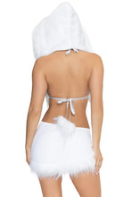 Load image into Gallery viewer, Ice Cold Cutie Costume for Women, 4-Piece Y2K Halloween Costume with Faux Fur Bra Top, Asymmetrical Mini Skirt, Furry Hood & Leg Warmers