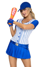 Load image into Gallery viewer, Home Run Hitter Costume for Women, 5-Piece Y2K Baseball Halloween Costume with Pinstripe Dress, Belt, Gloves, Cap & Inflatable Bat