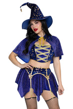 Load image into Gallery viewer, Starstruck Wizard Costume for Women, 4-Piece Halloween Costume with Velvet Crop Top, Garter Skirt, Cape & Wizard Hat