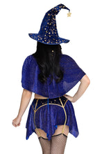 Load image into Gallery viewer, Starstruck Wizard Costume for Women, 4-Piece Halloween Costume with Velvet Crop Top, Garter Skirt, Cape & Wizard Hat